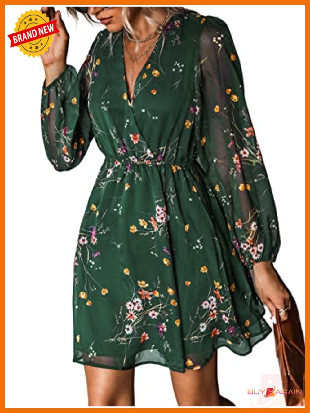 Womens Floral Mini Dress Long Sleeve V-Neck Chiffon Wedding Guest